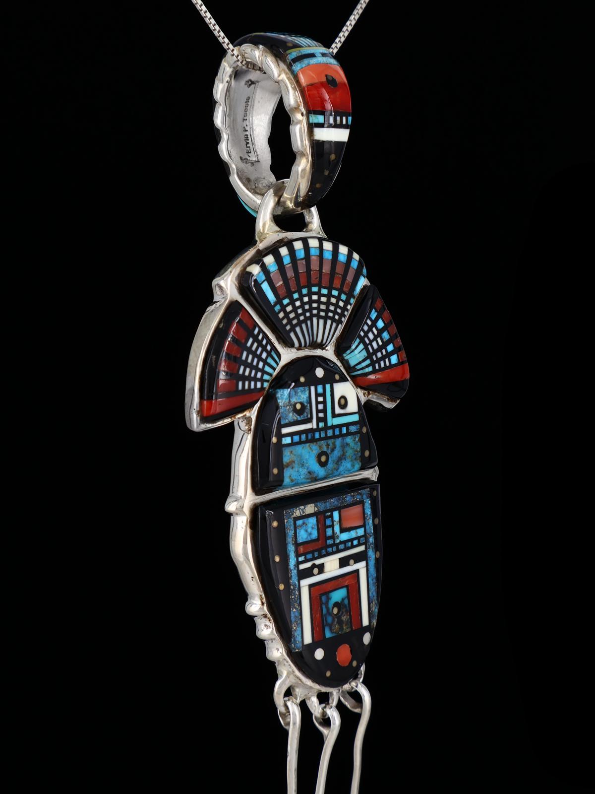 Navajo Sterling Silver Turquoise Inlay Yei Pendant - PuebloDirect.com