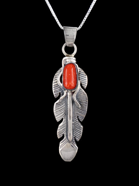Navajo Crafted Sterling Silver Coral Feather Pendant - PuebloDirect.com