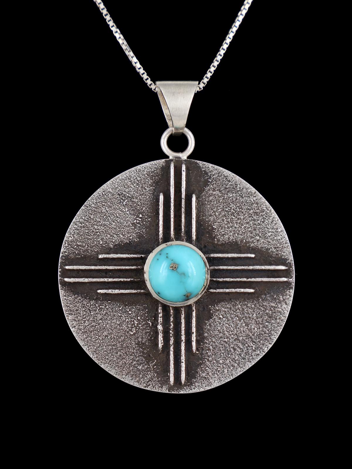 Native American Jewelry Sterling Silver Turquoise Zia Pendant