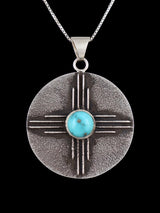 Native American Jewelry Sterling Silver Turquoise Zia Pendant