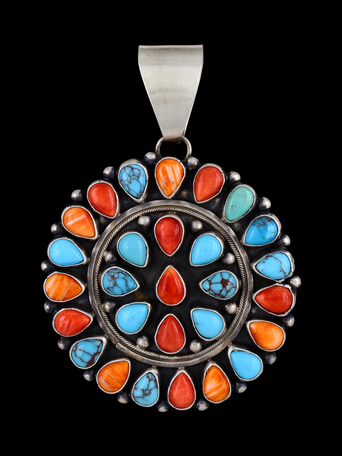 Navajo Turquoise and Spiny Oyster Sterling Silver Cluster Pendant - PuebloDirect.com