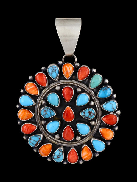 Navajo Turquoise and Spiny Oyster Sterling Silver Cluster Pendant - PuebloDirect.com