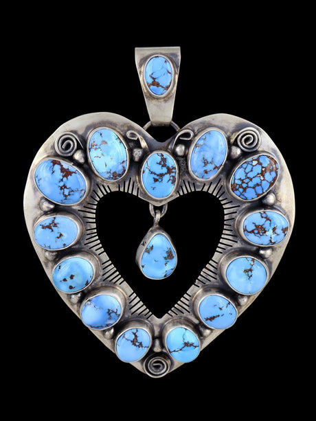 Navajo Golden Hill Turquoise Sterling Silver Large Heart Pendant - PuebloDirect.com