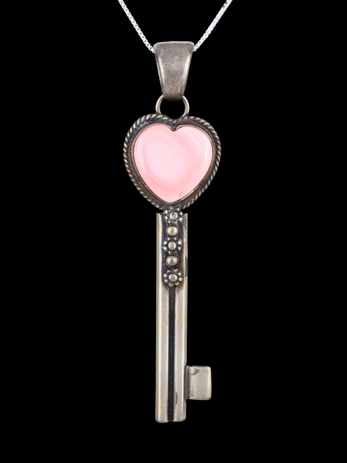 Key To My Pink Conch Heart Navajo Sterling Silver Pendant
