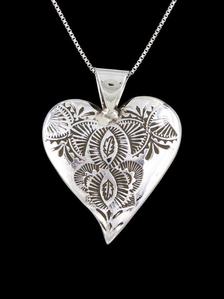 Sterling Silver Navajo Stamped Heart Pendant - PuebloDirect.com