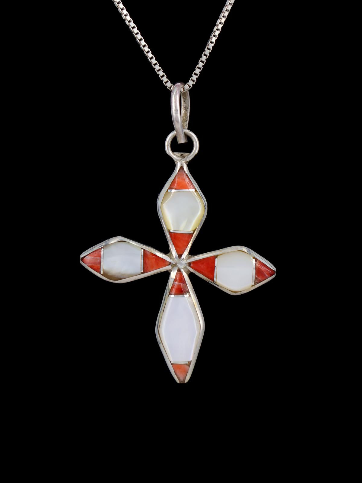 Zuni Inlay Mother of Pearl and Spiny Oyster Cross Pendant