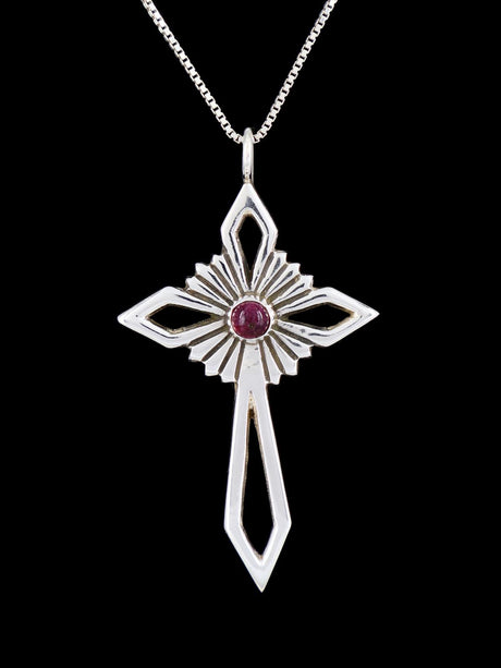 Native American Spiny Oyster Cross Sterling Silver Pendant - PuebloDirect.com