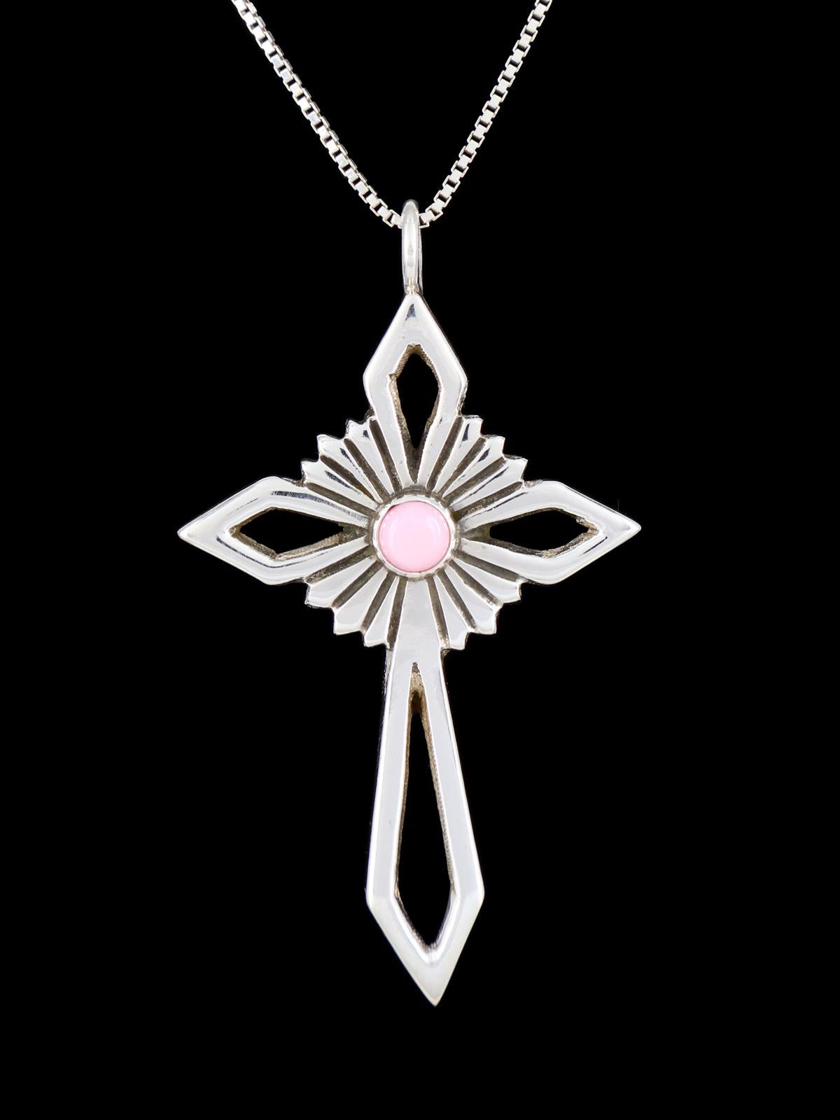 Native American Pink Conch Cross Sterling Silver Pendant - PuebloDirect.com