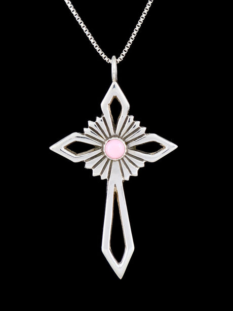 Native American Pink Conch Cross Sterling Silver Pendant - PuebloDirect.com