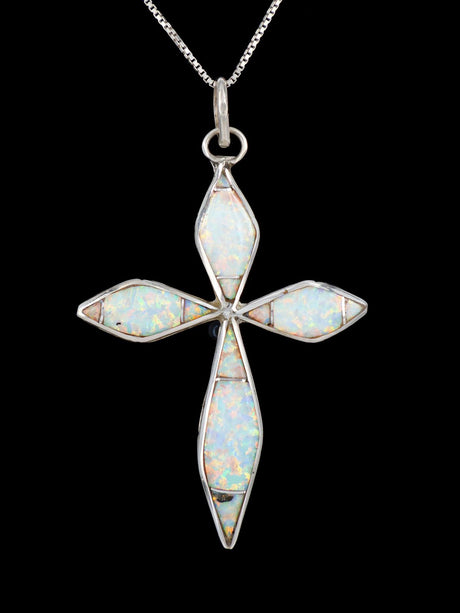 Sterling Silver Zuni Inlay Opalite Cross Pendant - PuebloDirect.com