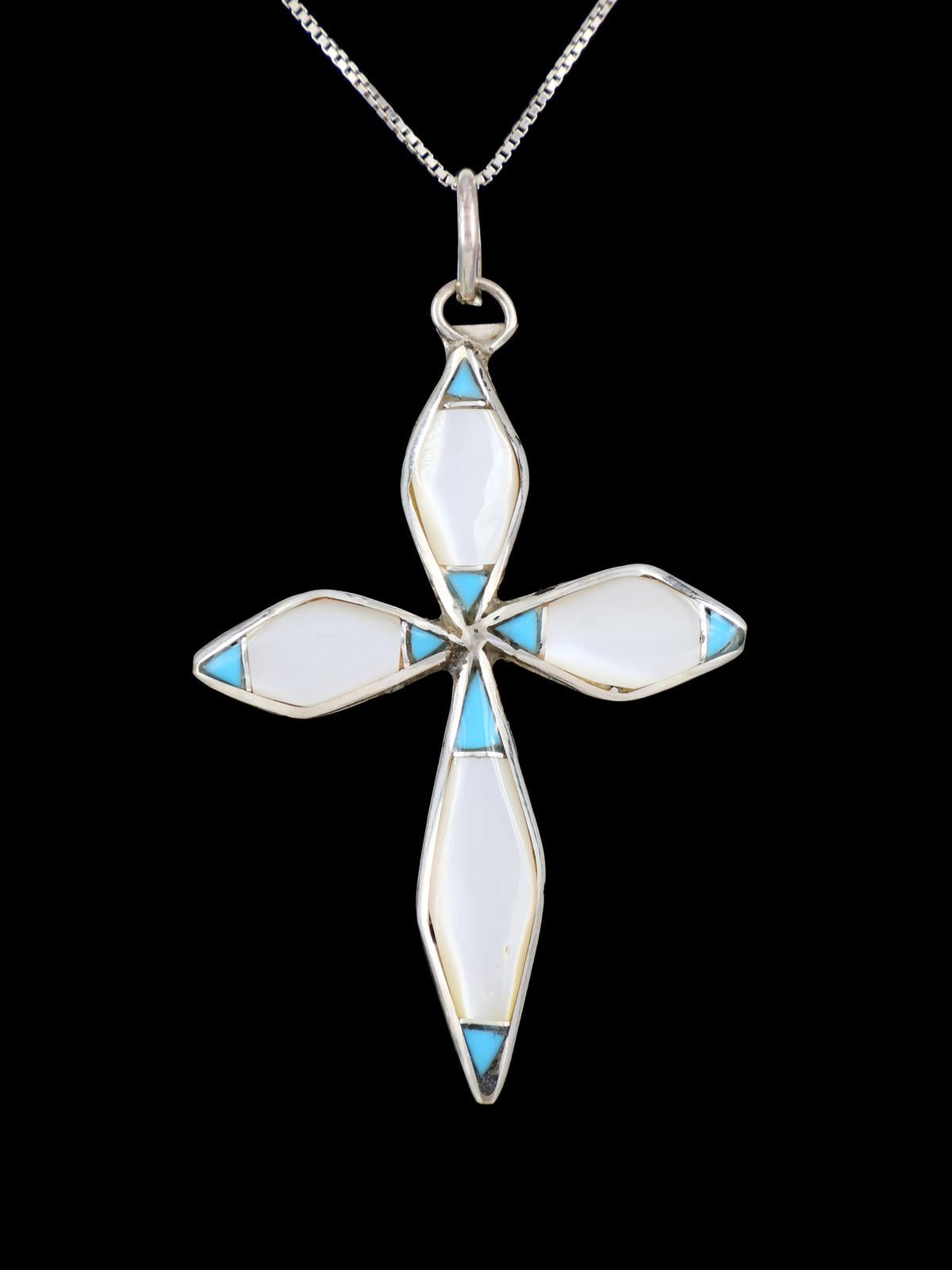 Sterling Silver Zuni Inlay Turquoise and Mother of Pearl Cross Pendant
