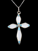 Sterling Silver Zuni Inlay Turquoise and Mother of Pearl Cross Pendant