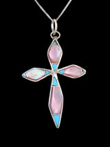 Sterling Silver Zuni Inlay Turquoise and Pink Shell Cross Pendant