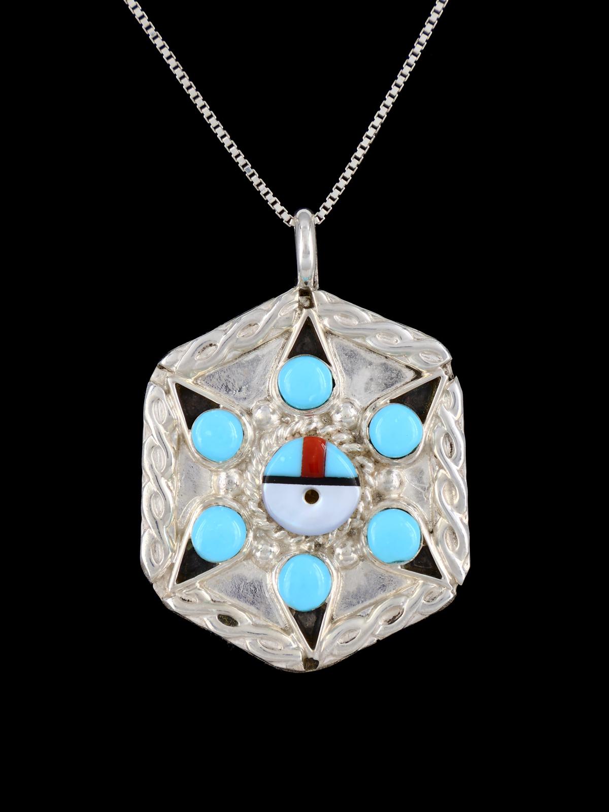 Native American Jewelry Sterling Silver Zuni Inlay Sunface Pendant - PuebloDirect.com