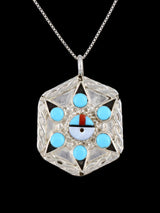 Native American Jewelry Sterling Silver Zuni Inlay Sunface Pendant - PuebloDirect.com