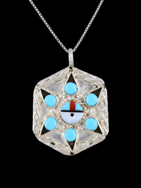 Native American Jewelry Sterling Silver Zuni Inlay Sunface Pendant - PuebloDirect.com