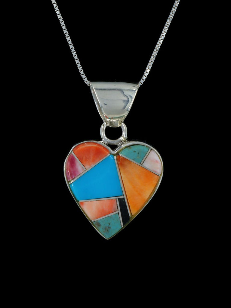 Navajo Inlay Sterling Silver Spiny Oyster Heart Pendant - PuebloDirect.com