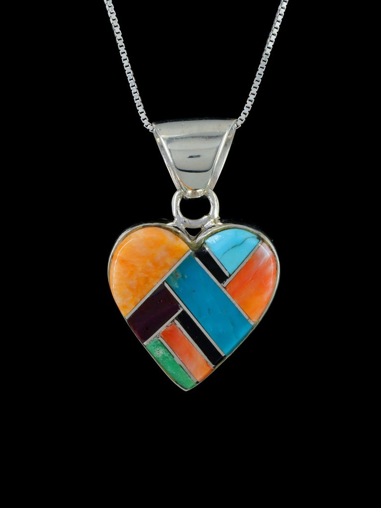 Navajo Inlay Sterling Silver Spiny Oyster Heart Pendant - PuebloDirect.com
