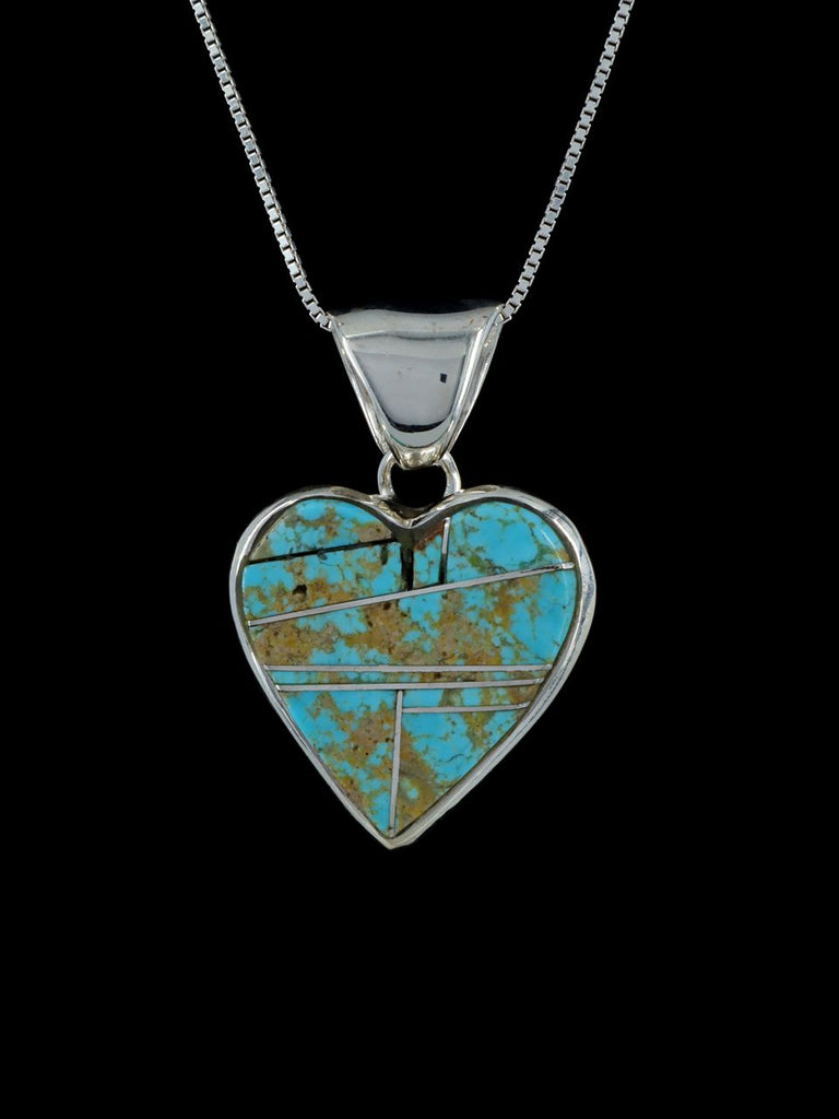 Navajo Inlay Sterling Silver Turquoise Heart Pendant - PuebloDirect.com