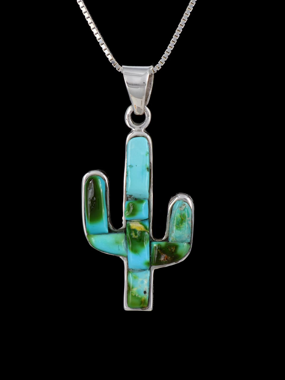 Native American Sonoran Gold Turquoise Cobblestone Inlay Cactus Pendant