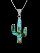 Native American Sonoran Gold Turquoise Cobblestone Inlay Cactus Pendant