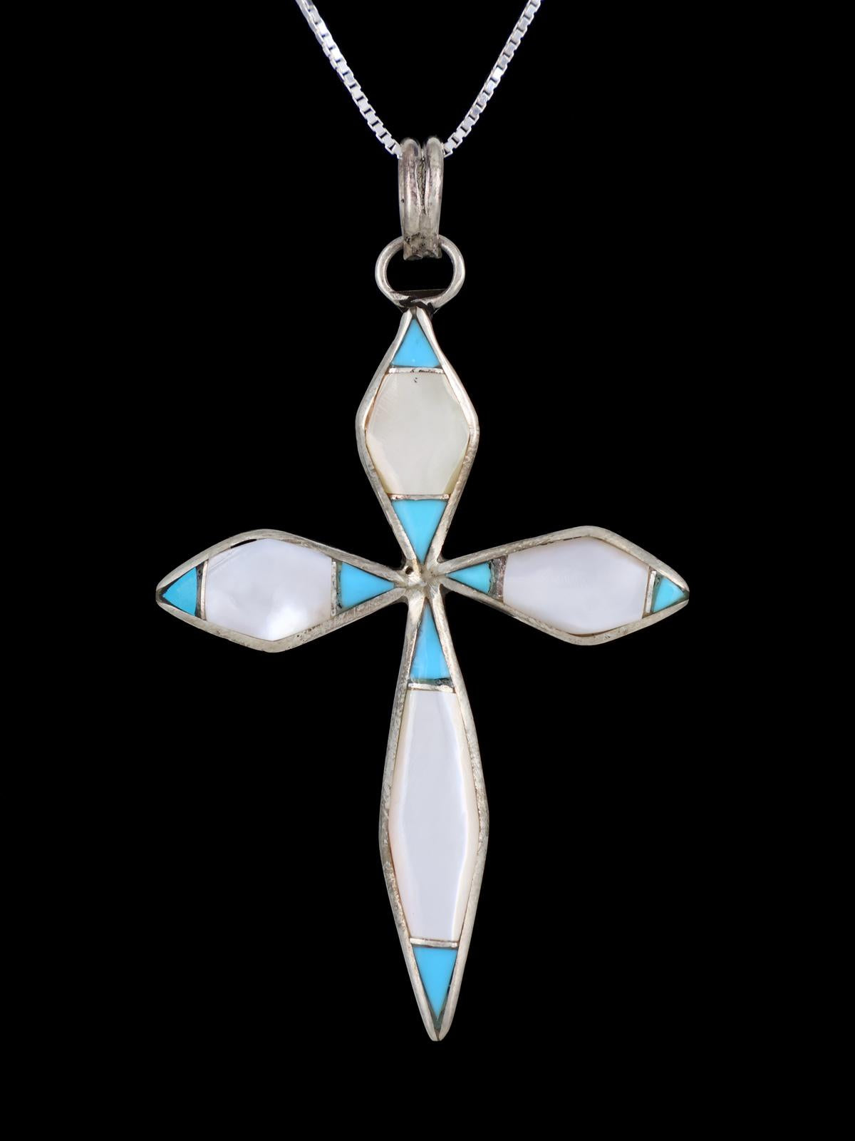 Sterling Silver Zuni Inlay Mother of Pearl and Turquoise Cross Pendant