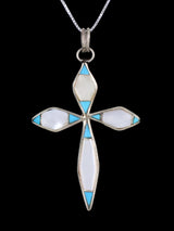 Sterling Silver Zuni Inlay Mother of Pearl and Turquoise Cross Pendant