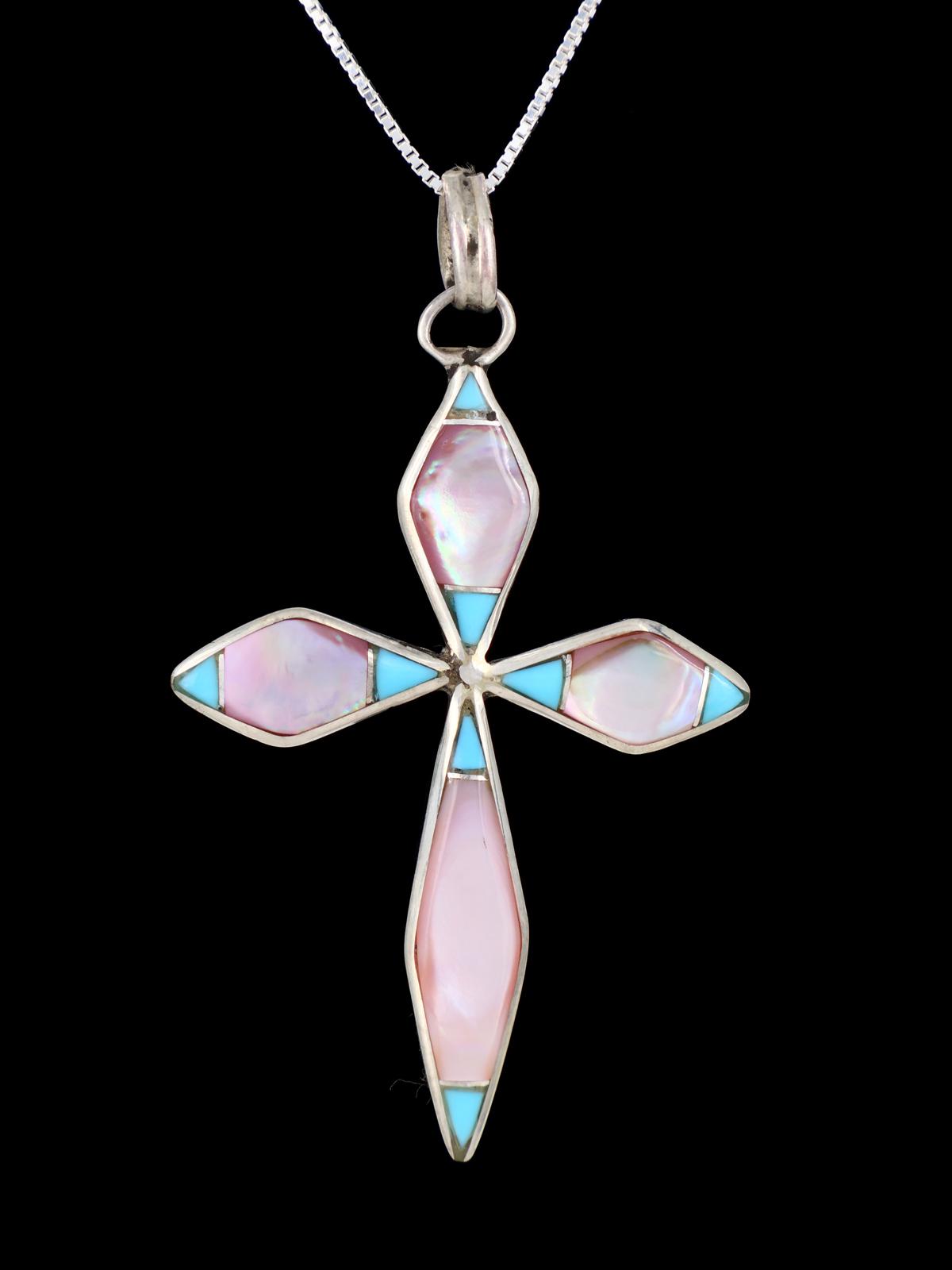 Sterling Silver Zuni Inlay Pink Shell and Turquoise Cross Pendant