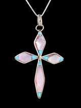 Sterling Silver Zuni Inlay Pink Shell and Turquoise Cross Pendant