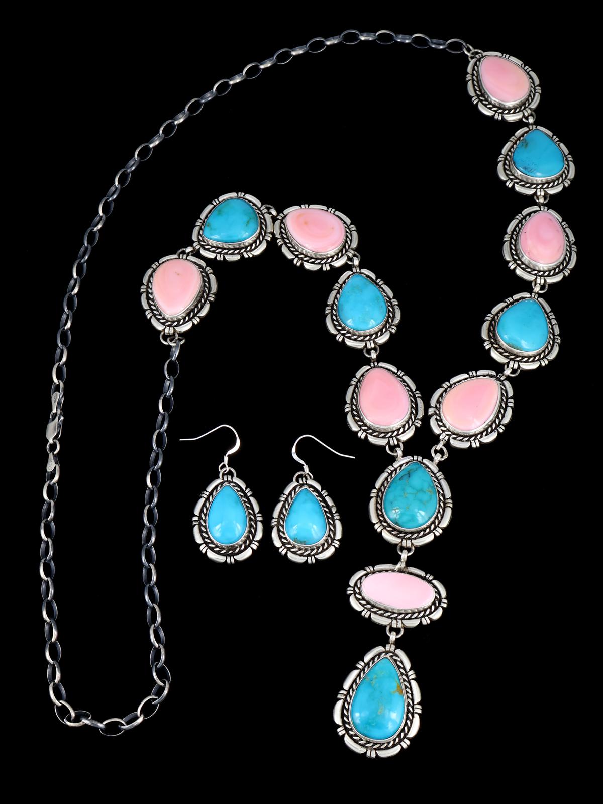 Native American Turquoise and Pink Conch Lariat Necklace and Earring Set