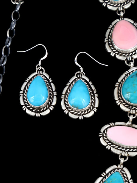 Native American Turquoise and Pink Conch Lariat Necklace and Earring Set