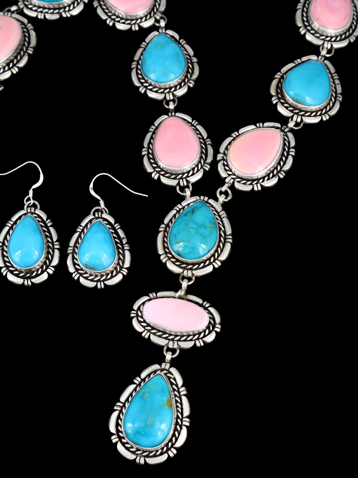 Native American Turquoise and Pink Conch Lariat Necklace and Earring Set