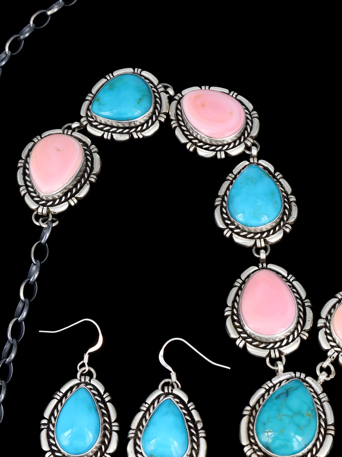 Native American Turquoise and Pink Conch Lariat Necklace and Earring Set