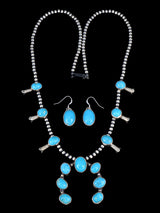 Native American Sterling Silver Turquoise Petite Squash Blossom Necklace Set