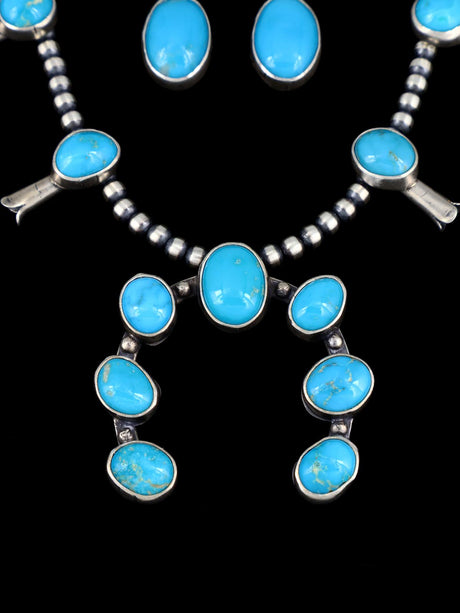 Native American Sterling Silver Turquoise Petite Squash Blossom Necklace Set