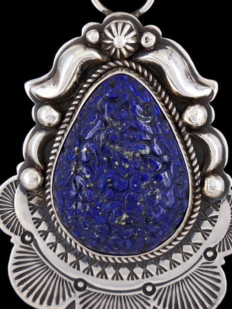 Native American Carved Floral Blue Lapis Sterling Silver Pendant