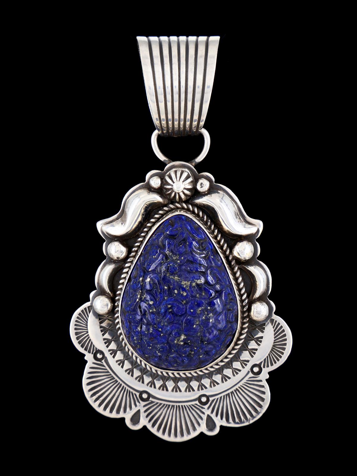 Native American Carved Floral Blue Lapis Sterling Silver Pendant