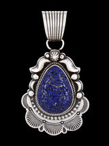 Native American Carved Floral Blue Lapis Sterling Silver Pendant