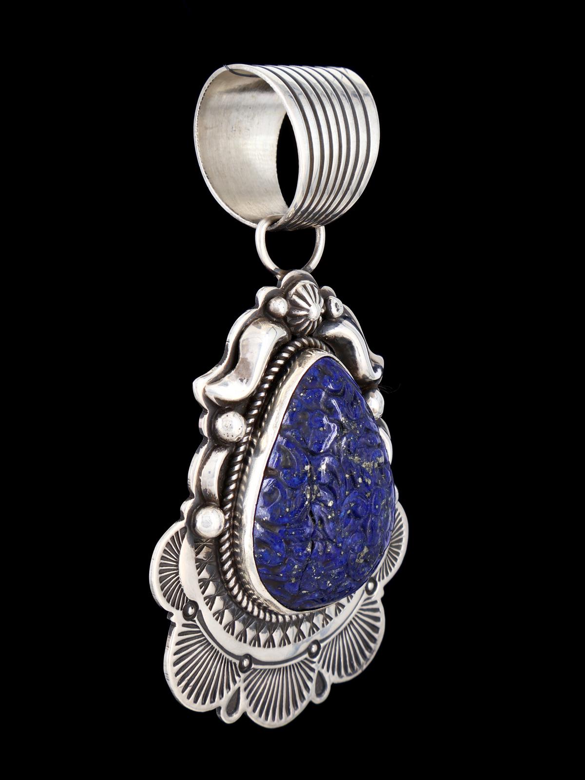 Native American Carved Floral Blue Lapis Sterling Silver Pendant