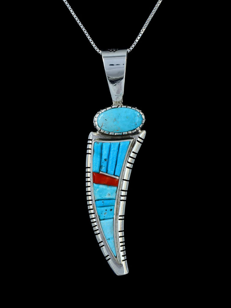 Navajo Cobblestone Inlay Turquoise and Coral Sterling Silver Pendant - PuebloDirect.com