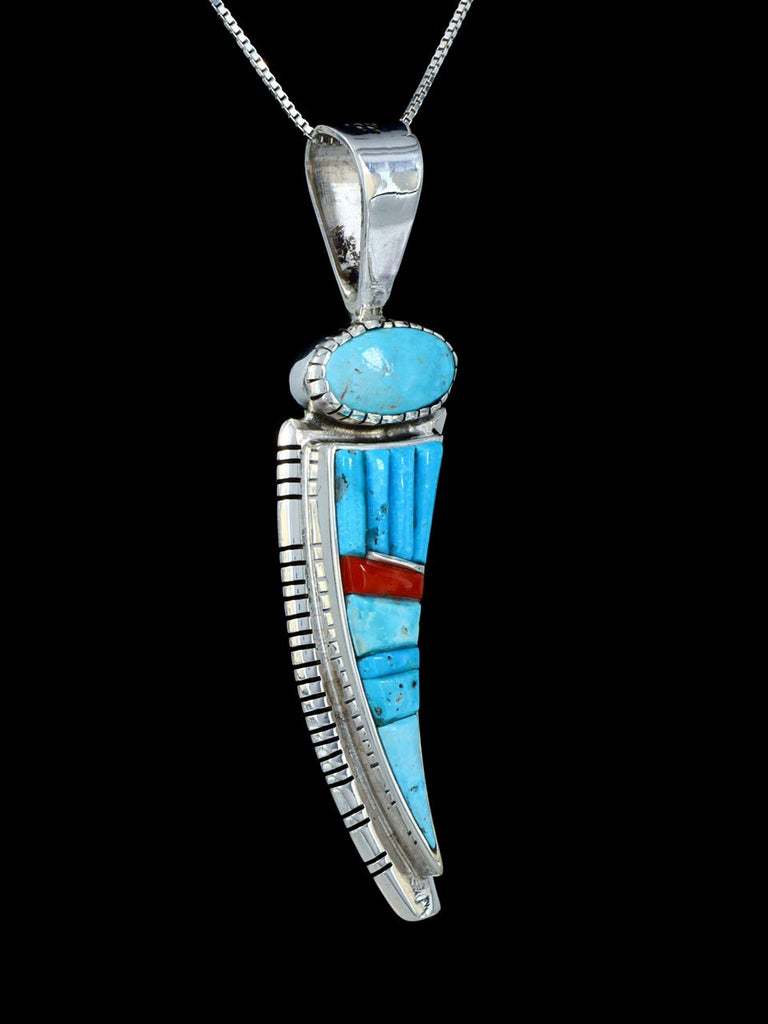 Navajo Cobblestone Inlay Turquoise and Coral Sterling Silver Pendant - PuebloDirect.com