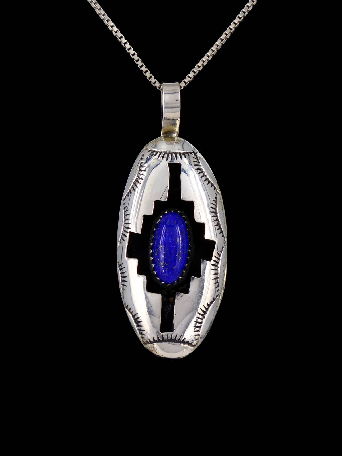 Native American Lapis Sterling Silver Shadowbox Pendant - PuebloDirect.com