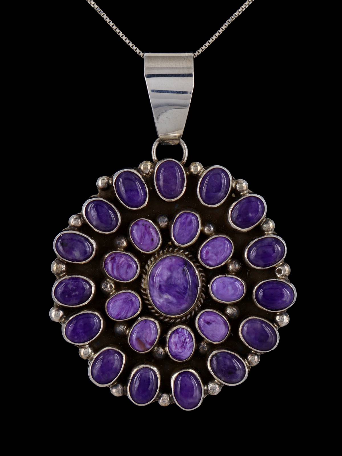 Native American Sterling Silver Purple Charoite Cluster Pendant - PuebloDirect.com