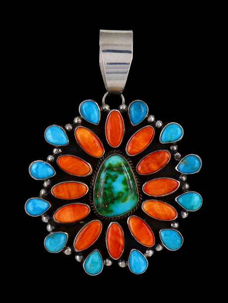 Native American Spiny Oyster and Turquoise Cluster Pendant - PuebloDirect.com
