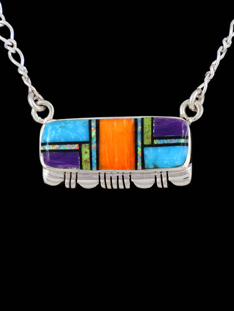 Native American Jewelry Sterling Silver Multistone Inlay Necklace - PuebloDirect.com