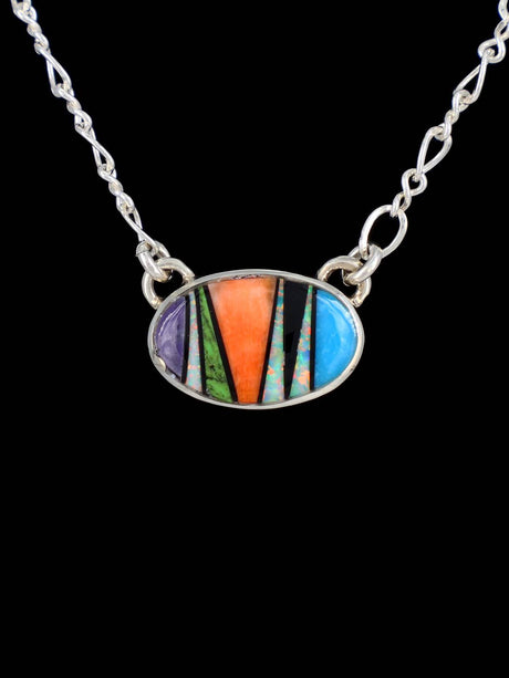 Native American Jewelry Sterling Silver Multistone Inlay Necklace - PuebloDirect.com