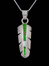 Native American Green Gaspeite Feather Inlay Pendant - PuebloDirect.com