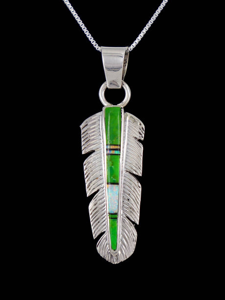 Native American Green Gaspeite Feather Inlay Pendant - PuebloDirect.com