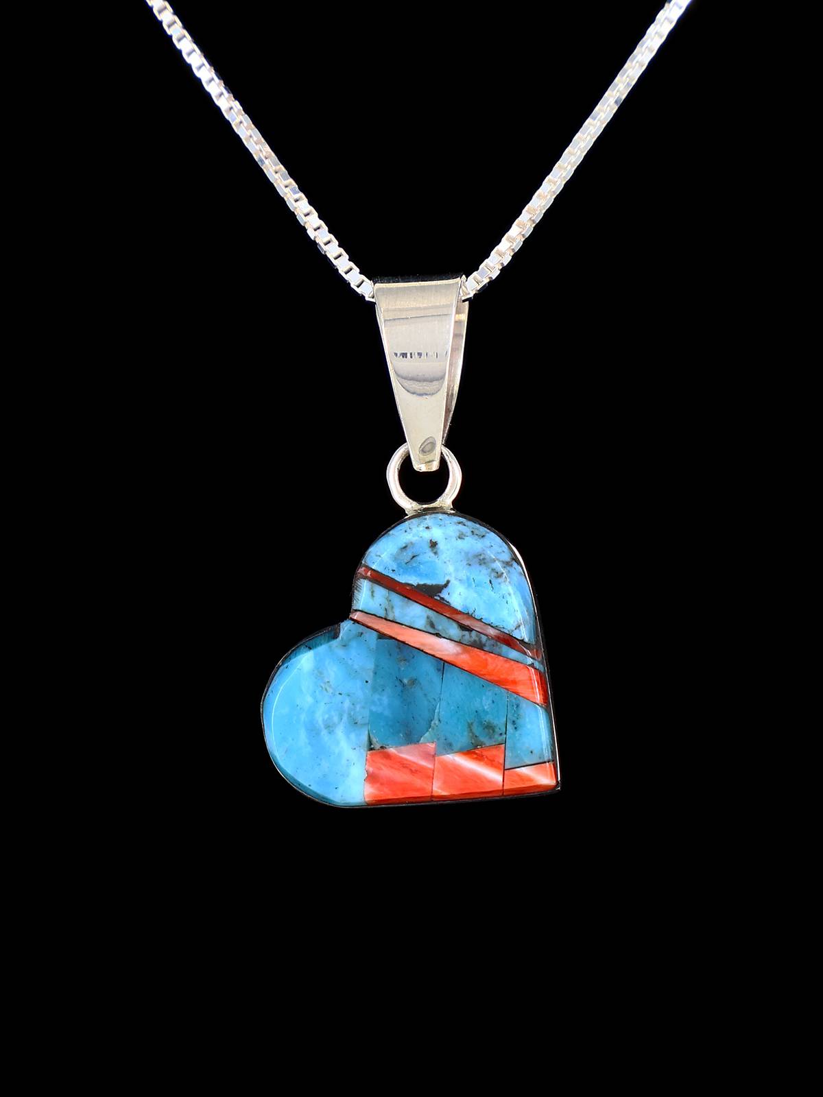 Navajo Sterling Silver Turquoise and Spiny Oyster Heart Inlay Pendant - PuebloDirect.com