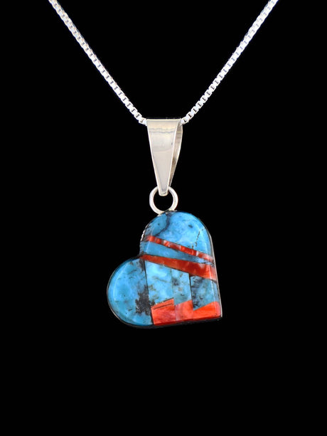 Navajo Sterling Silver Turquoise and Spiny Oyster Heart Inlay Pendant - PuebloDirect.com